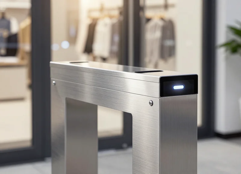 Close-up of a modern metal detection sensor at a store entrance.