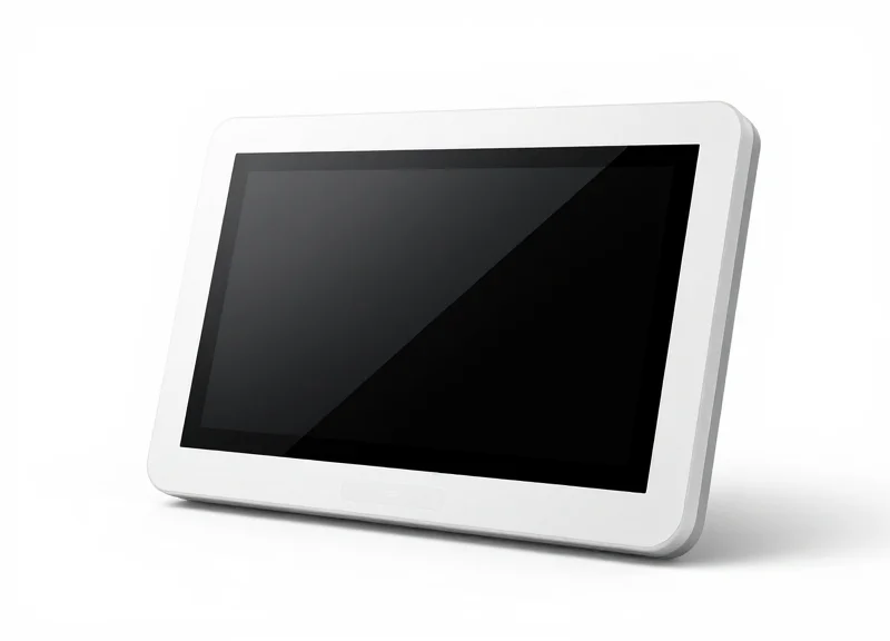 A high-tech electronic shelf label (ESL) showing a blank digital display with a modern design.