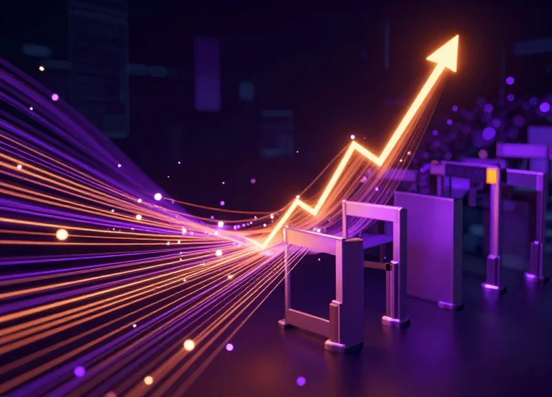 Abstract data visualization showing security alerts and predictive patterns.