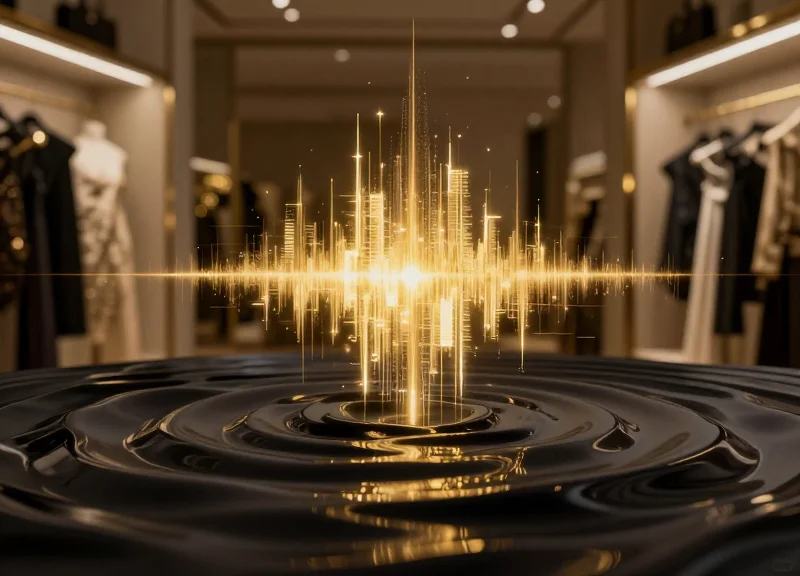 Surreal art representing a digital signal being blocked by electronic interference in a luxury store environment