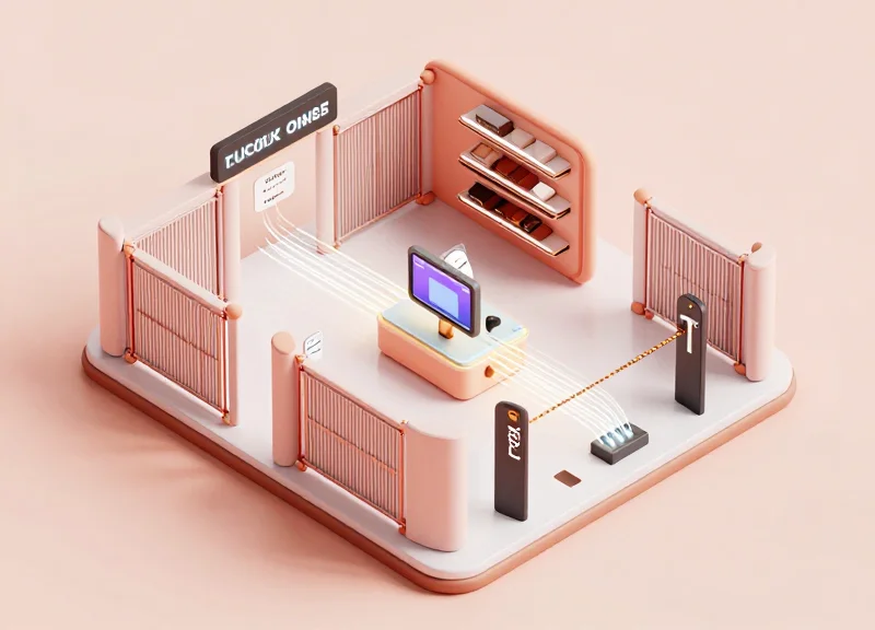 3D isometric model of a unified retail security ecosystem including RFID and ESL
