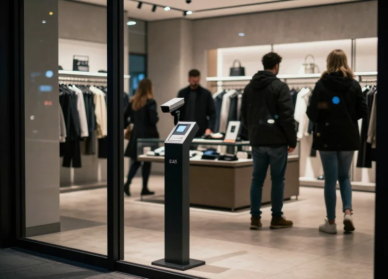 A modern retail store entrance with traditional EAS security pedestals under dim, moody lighting.