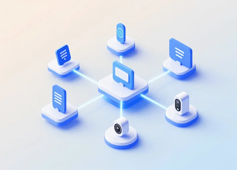 3D visualization of interconnected retail tech components including RFID tags and digital screens.