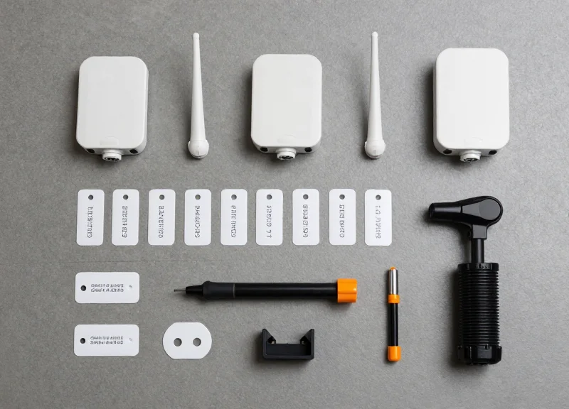 Neatly arranged security hardware components on a professional grey surface.