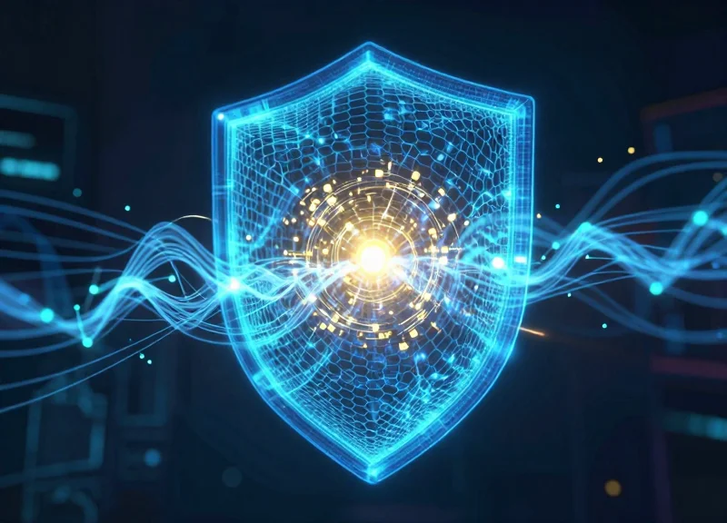 An abstract conceptual visualization of a protective digital shield or barrier made of glowing blue hexagonal grid and light trails, representing security and signal protection.