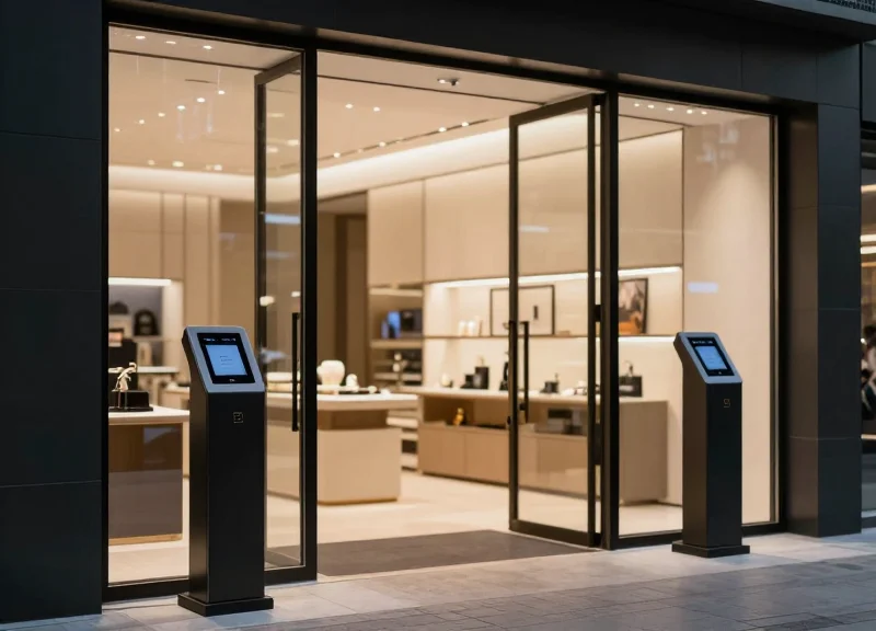 Futuristic high-end luxury retail store entrance with modern security pedestals and cinematic lighting.