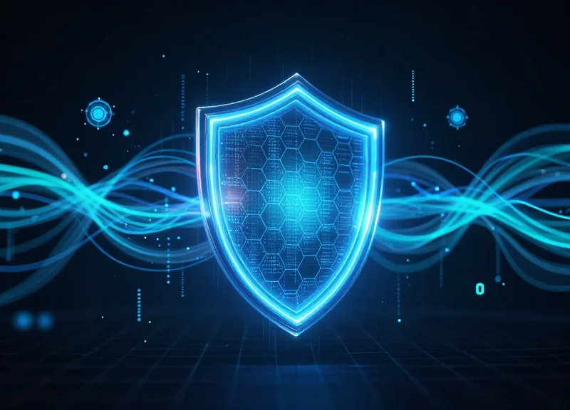Futuristic abstract visualization of digital security with a glowing hexagonal shield and radiating data streams on a dark tech-inspired background.