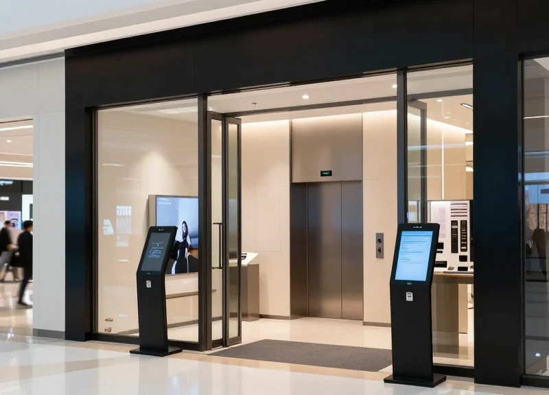 A modern boutique entrance inside a bright shopping mall, with an elevator bank visible in the background and EAS pedestals at the store front.