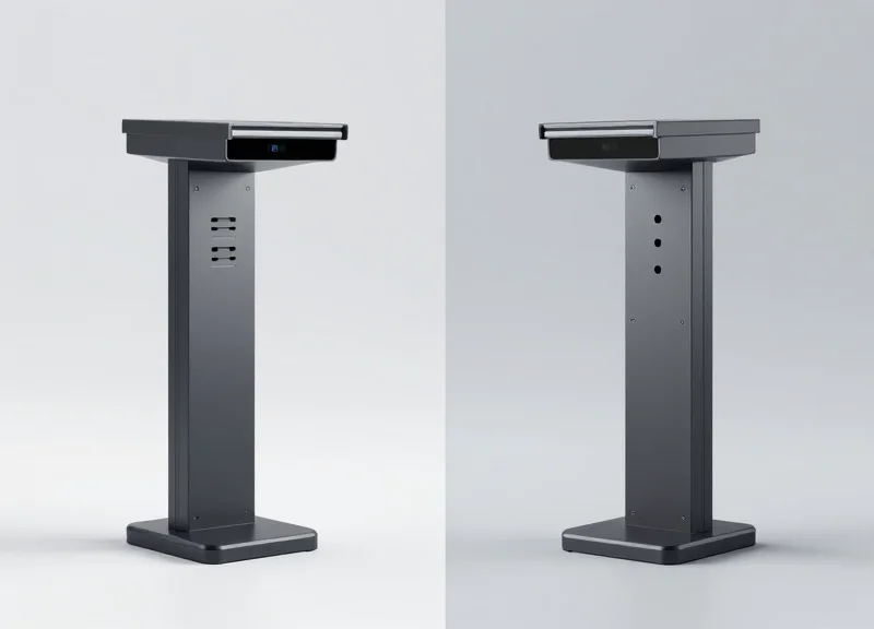 Side-by-side comparison of two high-tech electronic article surveillance pedestals with split screen lighting.