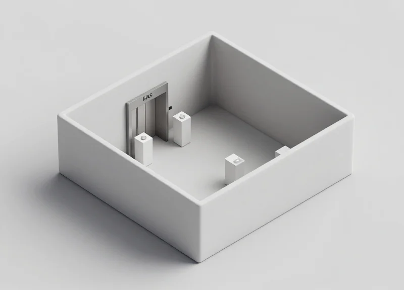 Isometric 3D illustration of a boutique floor plan showing EAS pedestals placed near an elevator shaft.