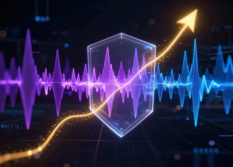Abstract 3D visualization of electromagnetic waves being filtered by a glowing shield barrier, with a rising golden light trail in the background representing growth and ROI.