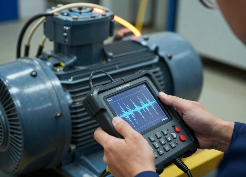 A close-up shot of a technician using a handheld diagnostic tool to measure electromagnetic interference near an industrial lift motor and high-voltage wiring.
