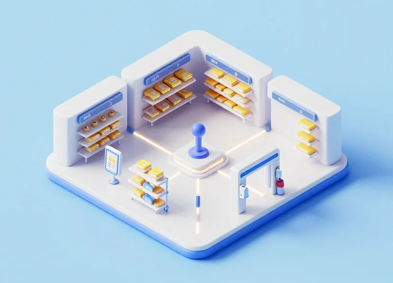 An isometric view of an integrated retail security ecosystem including RFID and ESL.