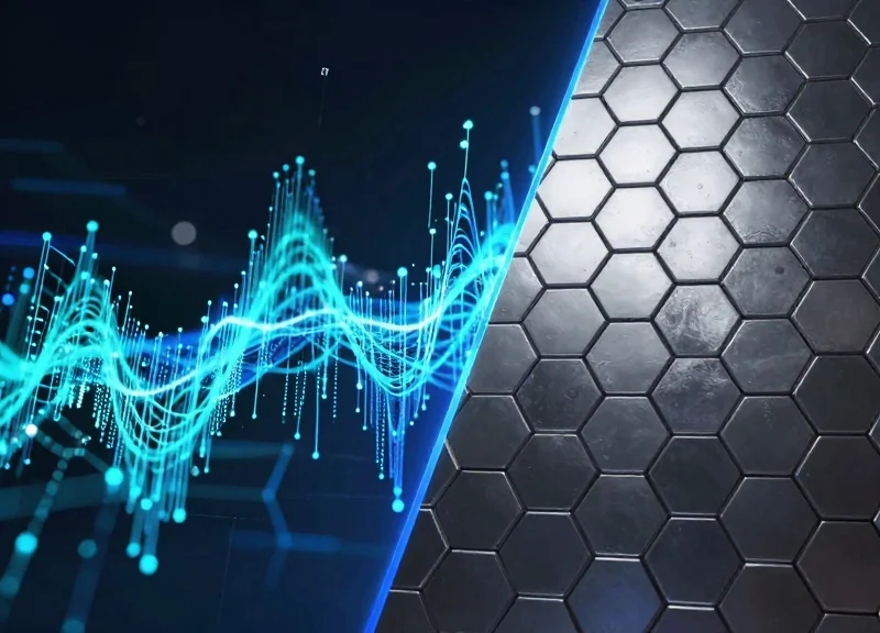 A futuristic conceptual visualization showing vibrant digital frequency waves on one side and a solid metallic geometric mesh structure on the other.