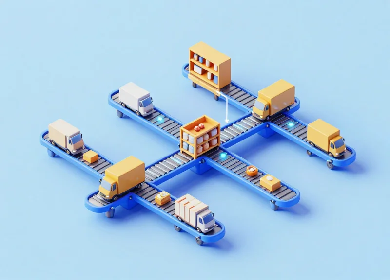 A 3D isometric model of a supply chain workflow from manufacturing belt to store shelf.