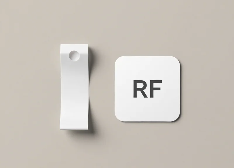 Side-by-side comparison of an AM acousto-magnetic tag and an RF radio frequency security label.