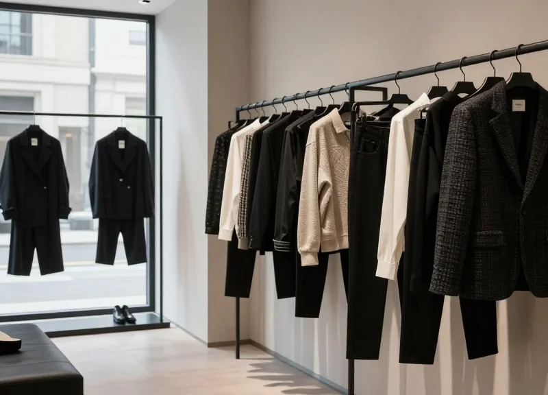 A high-end modern retail store with clean displays and no visible bulky security tags on the clothing.