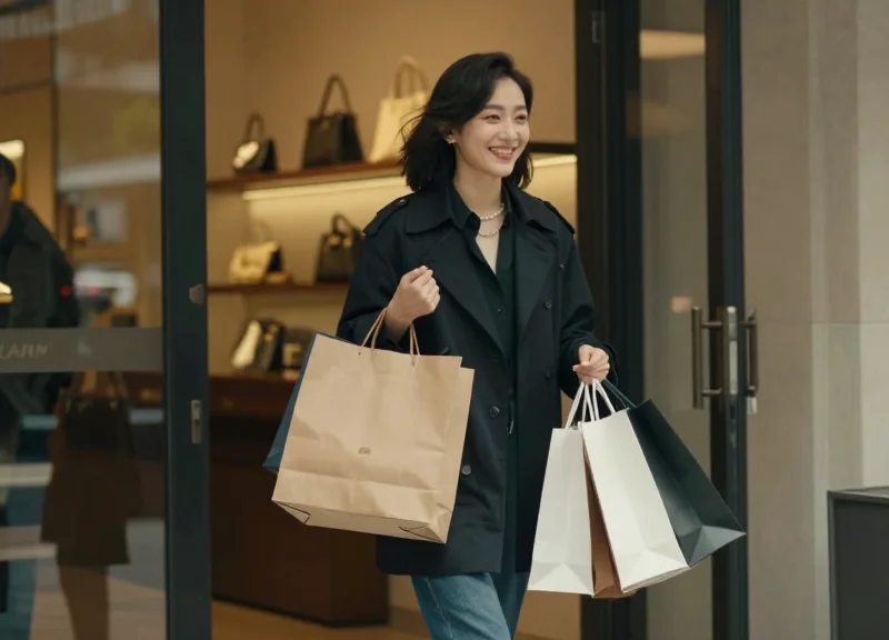 A happy customer holding a shopping bag in a luxury store, representing a frictionless shopping journey without visible security devices.