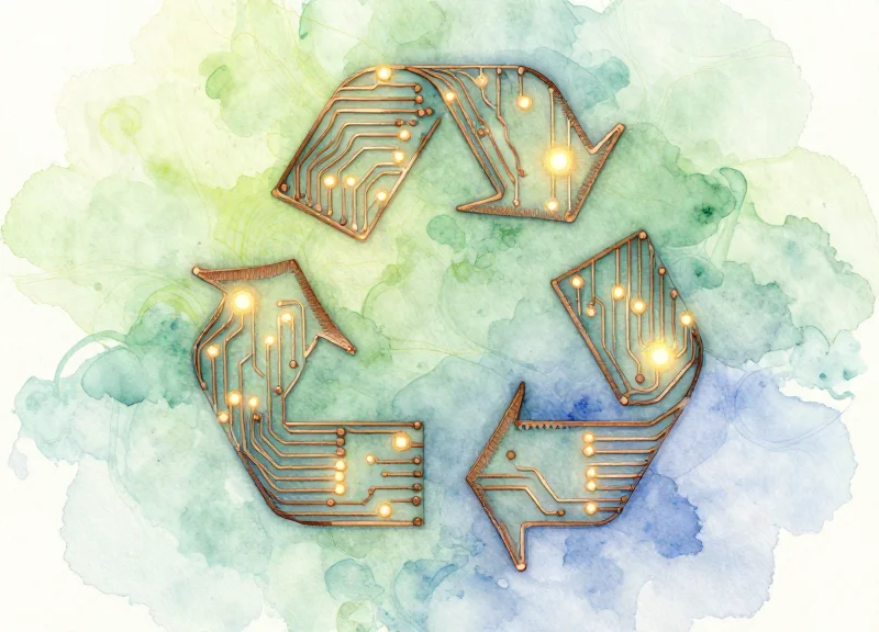 Abstract art showing a recycling symbol woven from electronic circuit patterns, symbolizing the circular economy of smart tags.