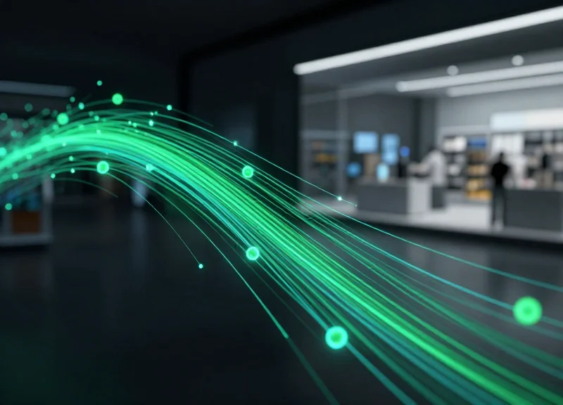 Abstract visualization of glowing data streams and interconnected nodes in a futuristic retail setting, featuring shades of tech blue and eco-friendly emerald green.