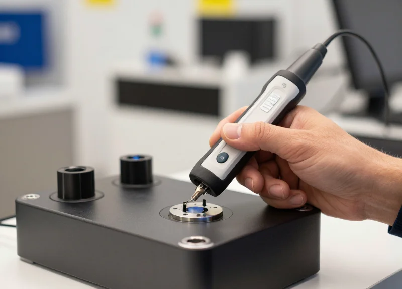 Close-up of a professional technician using a digital calibration tool on a retail security antenna.