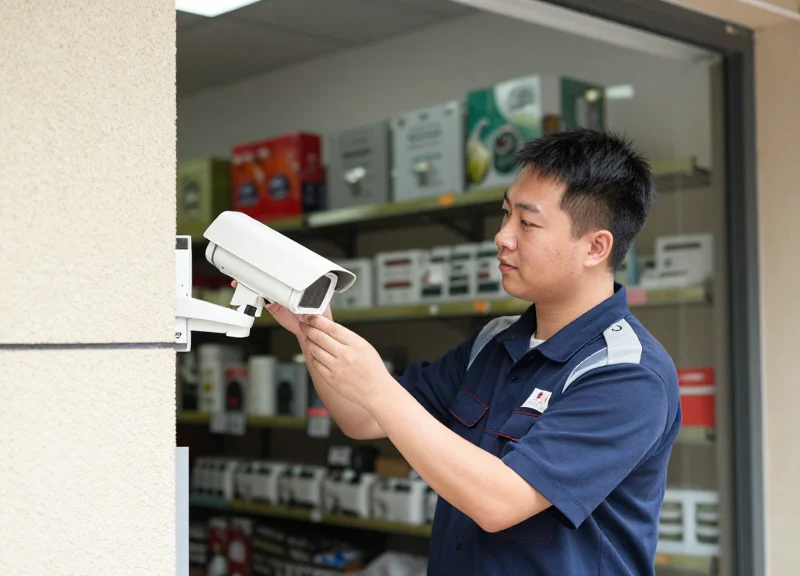 A retail employee inspecting a security antenna at the entrance of a store