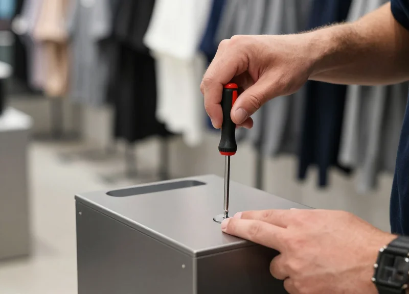 A service technician in a retail environment manually adjusting the base of a modern EAS security pedestal with specialized tools.