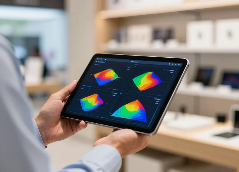 A professional manager holding a high-tech tablet displaying colorful heatmaps while standing in a retail store aisle.