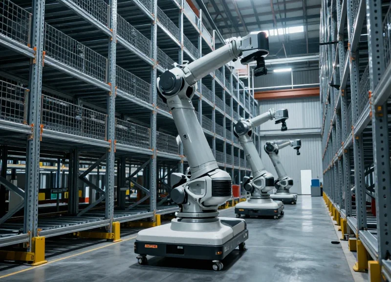Modern automated storage and retrieval system with shuttle robots moving along high-density shelving units in a high-tech warehouse.