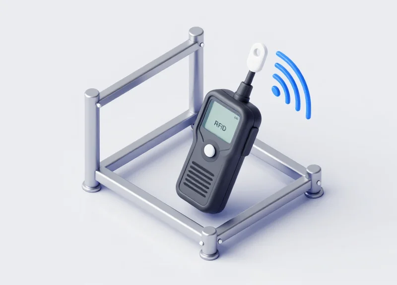 3D isometric model of an RFID reader mounted on a metal warehouse rack showing shielded signal transmission.