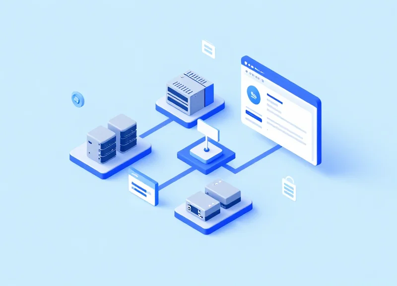 Isometric view of a logistics server connecting RFID data from the warehouse to management software interfaces.