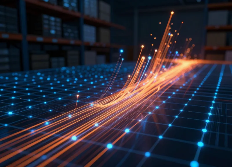 Abstract visualization of high-speed data flow and light trails representing increased warehouse throughput.