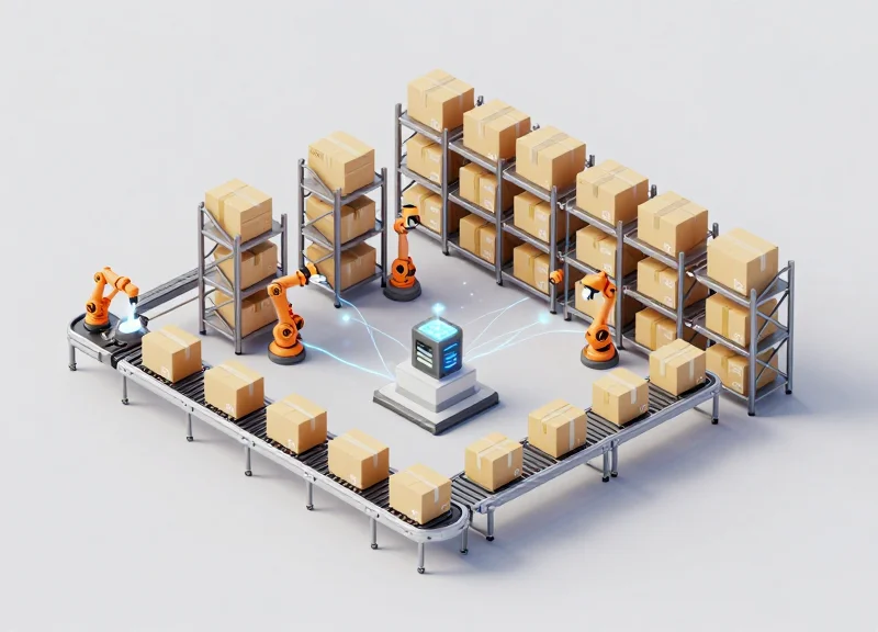 An isometric 3D illustration of a modern smart warehouse featuring automated conveyor belts, robotic systems, and glowing digital connections representing RFID technology.