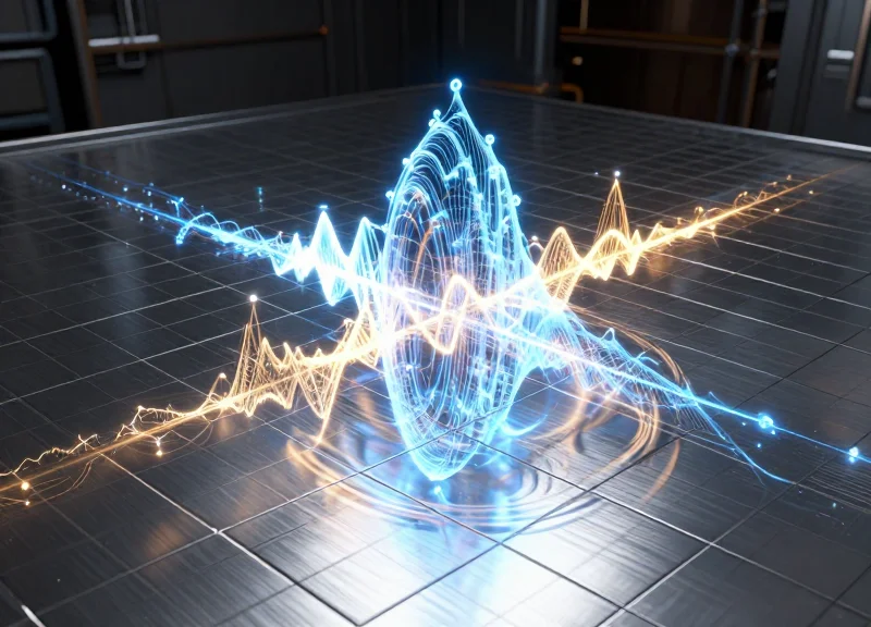 Abstract visualization of electromagnetic wave interference on a metallic surface.