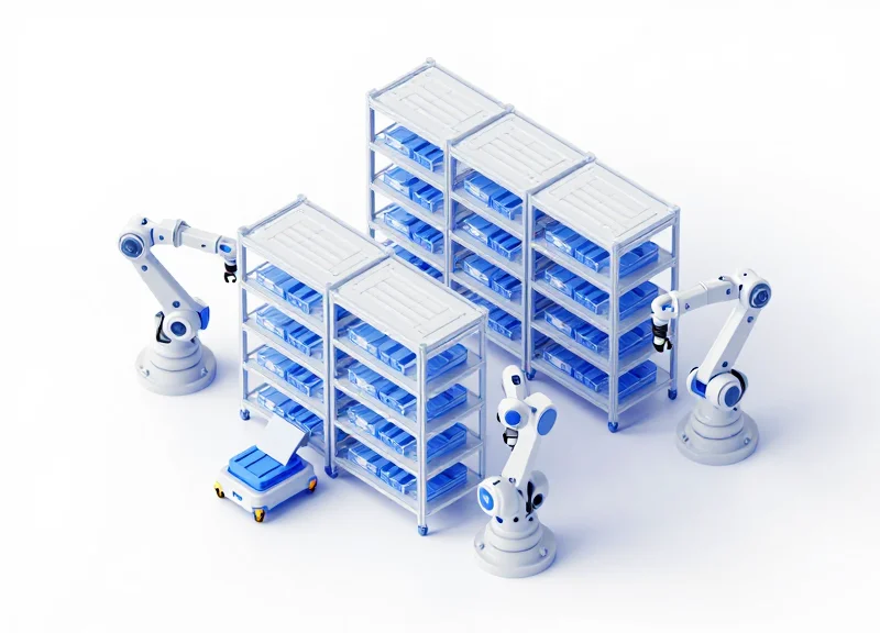 Isometric 3D view of an automated storage and retrieval system with robotic arms and shuttles