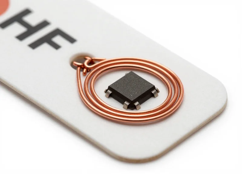 Close-up macro photography of a high-frequency RFID tag with visible copper antenna