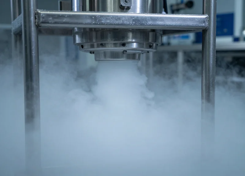 Close-up of a laboratory cryogenic storage rack being pulled out of a thick cloud of liquid nitrogen vapor.