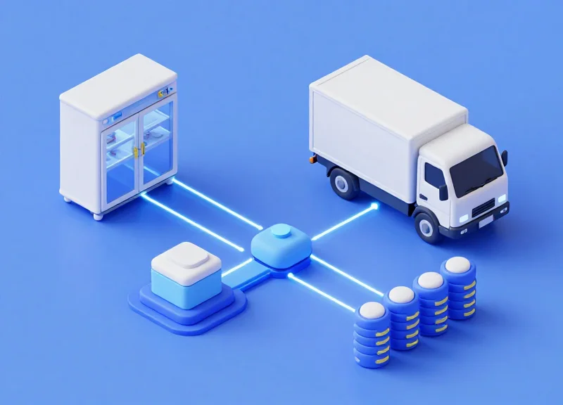 Isometric 3D model of a pharmaceutical cold chain logistics workflow from lab freezer to transport.