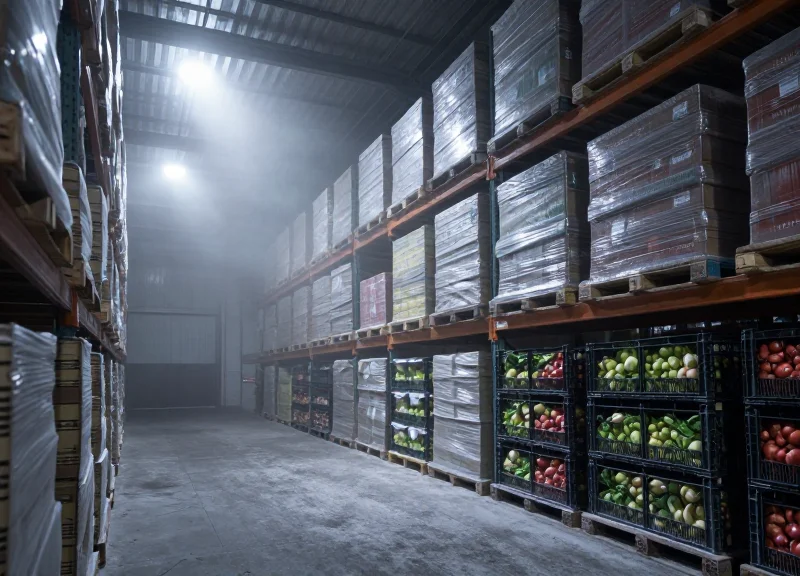 Wide shot of a modern cold storage warehouse with frost mist and industrial lighting