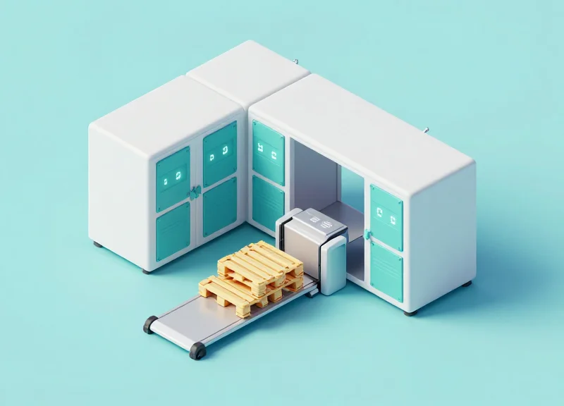 Isometric view of a smart warehouse module with RFID tags glowing on packages