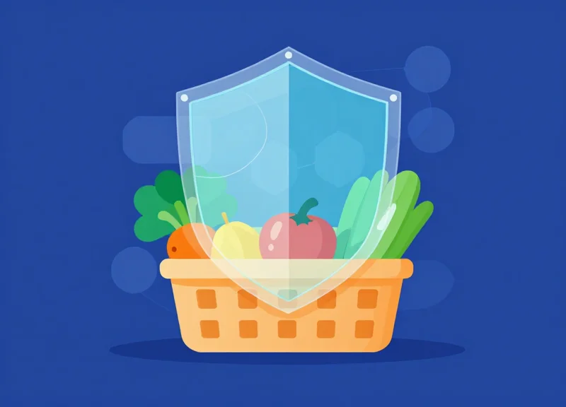 Flat vector illustration of fresh fruit protected by a digital shield