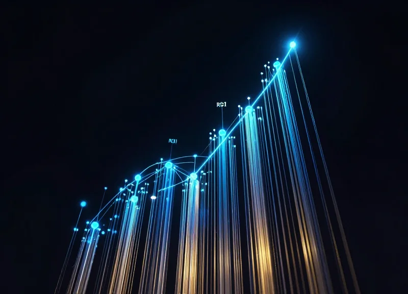 Abstract visualization of glowing financial data points and rising light trails