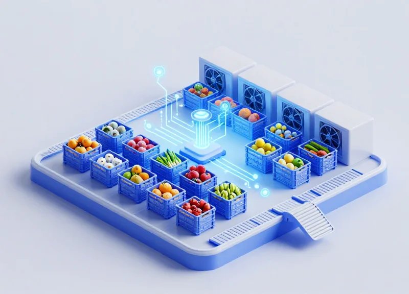 An isometric 3D illustration of a high-tech cold storage warehouse featuring organized crates of fresh food, cooling systems, and glowing digital connection points representing RFID tracking.