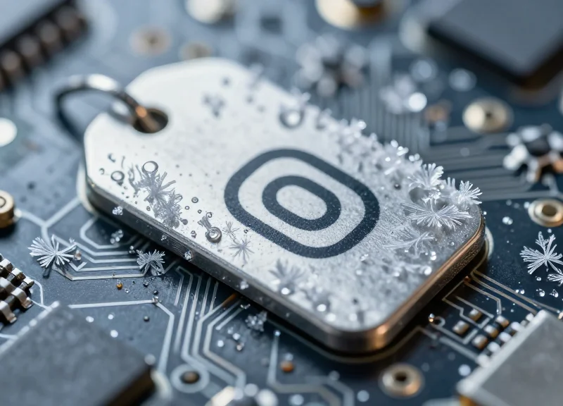 Macro view of frost forming over a metallic RFID chip surface.