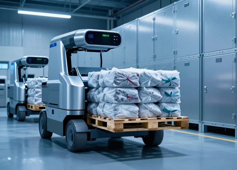 Autonomous robots moving pallets in a modern temperature-controlled warehouse.