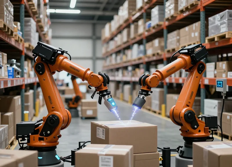 Modern automated logistics warehouse with high-tech scanners and conveyor belts in 2026 setting