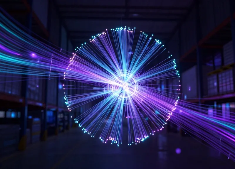 Futuristic concept of AI and Edge computing nodes in a warehouse environment