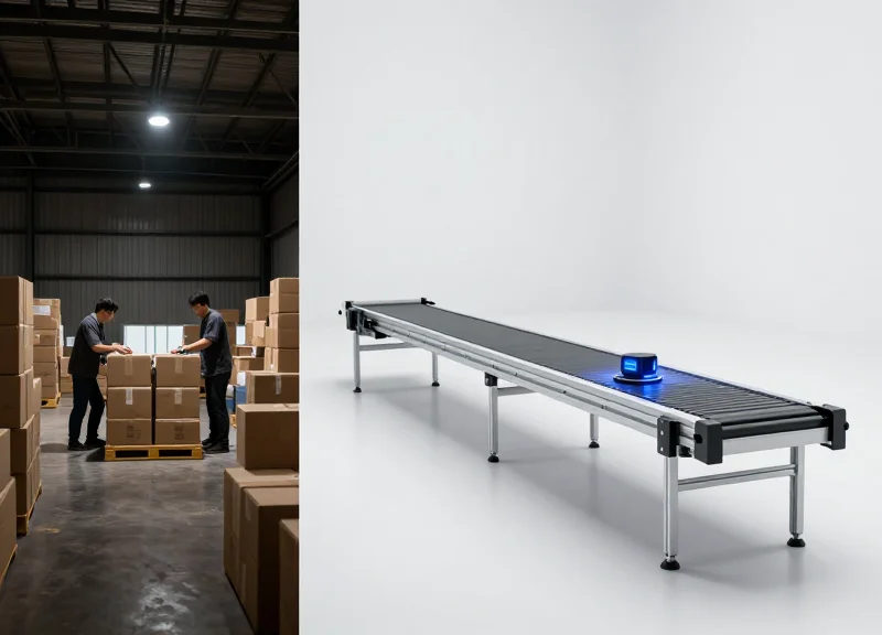 A visual comparison between a traditional manual sorting area with workers and a modern automated RFID sorting conveyor line.