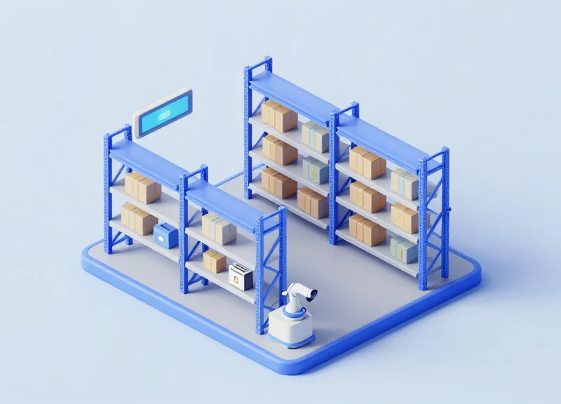 3D isometric scene showing an integrated warehouse system with RFID tags and electronic shelf labels.