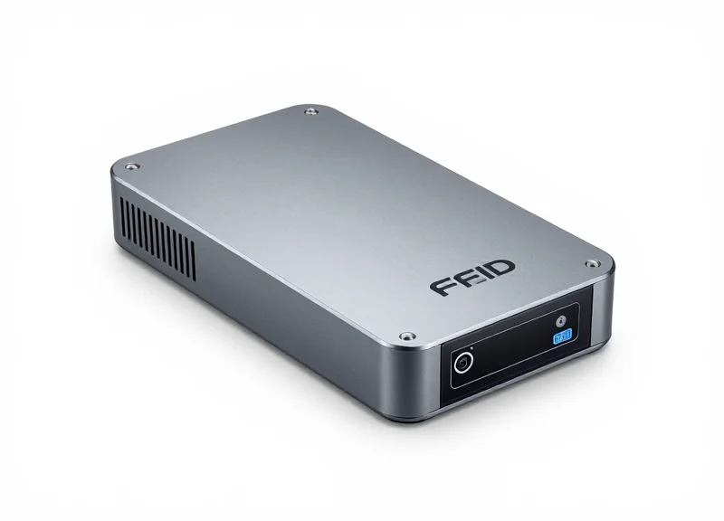 A sleek industrial RFID reader device used for warehouse automation on a pure white background.